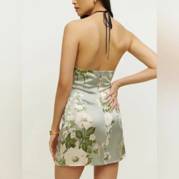 NWT Reformation Poppie Silk Dress Halter Tarragon Green Floral 8 Retail $218.00 - Picture 2 of 15